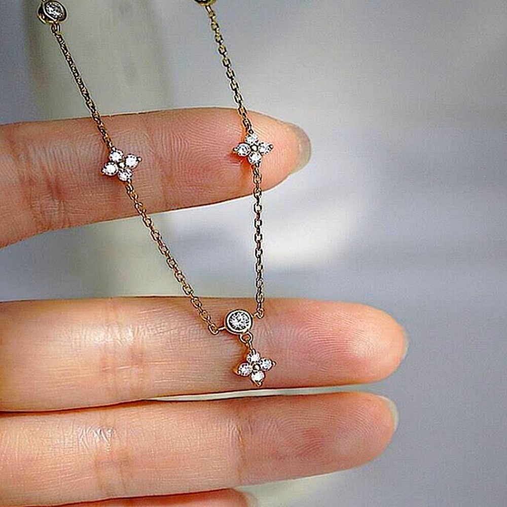Sterling Silver Four Leaf Clover Zircon Dainty Tiny Delicate Necklace - Picture 4 of 6